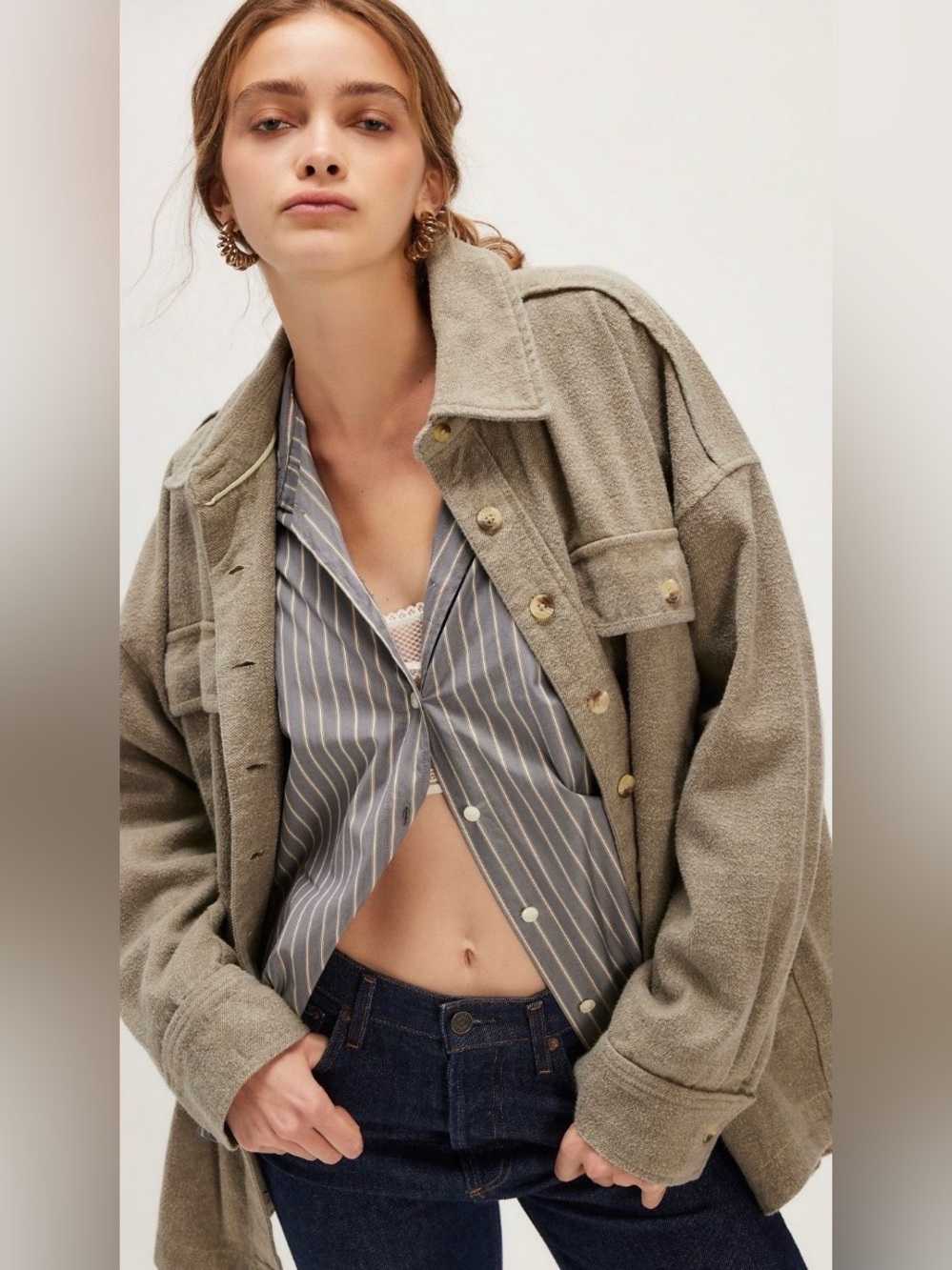 NWT FREE PEOPLE WE THE FREE PEACHED TWILL SHIRT JACKET GREEN COMBO